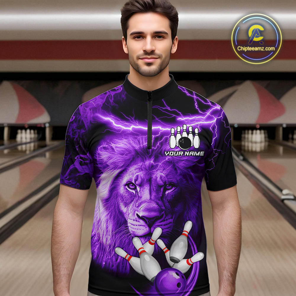 Personalized Purple Lightning Thunder Storm Lion Bowling Shirts For Men Custom Bowling Team Jerseys NQS9839