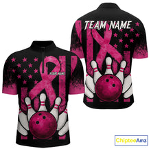 Load image into Gallery viewer, Breast Cancer Bowling Shirts For Men Custom Black and Pink ribbon American Flag Bowling Team Jerseys NQS9842