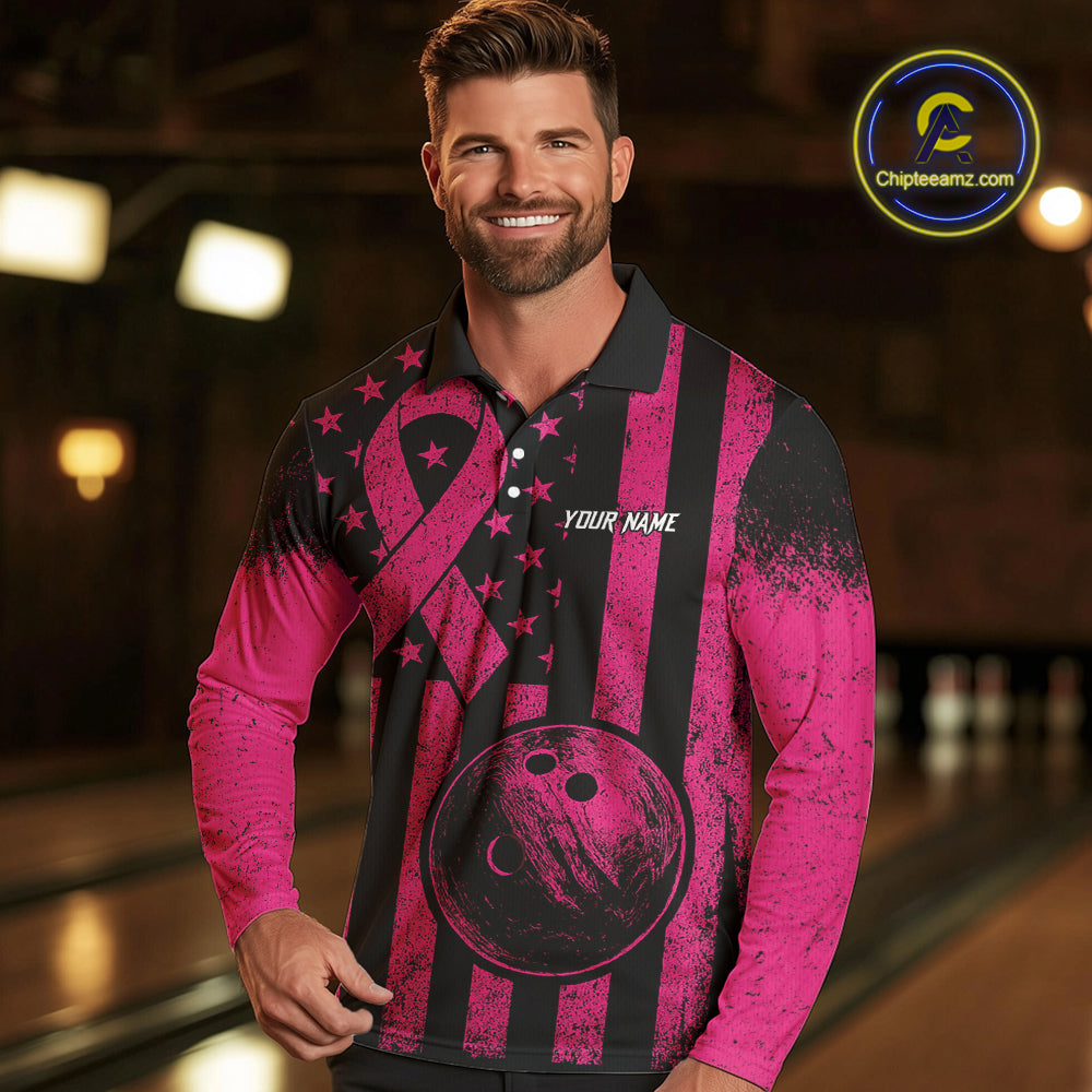 Black and Pink ribbon American Flag Bowling Shirts For Men Custom Breast Cancer team bowling shirts NQS9843