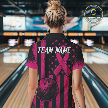 Black and Pink ribbon American Flag Bowling Shirts For Women Custom Breast Cancer team bowling shirts NQS9843