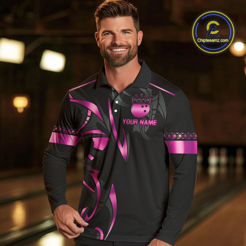 Black and Pink crown Bowling ball Polo, Quarter Zip Shirts for Men Custom Bowling Team jerseys NQS10074
