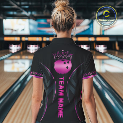 Black and Pink crown Bowling ball Polo, Quarter Zip Shirts for Women Custom Bowling Team jerseys NQS10074