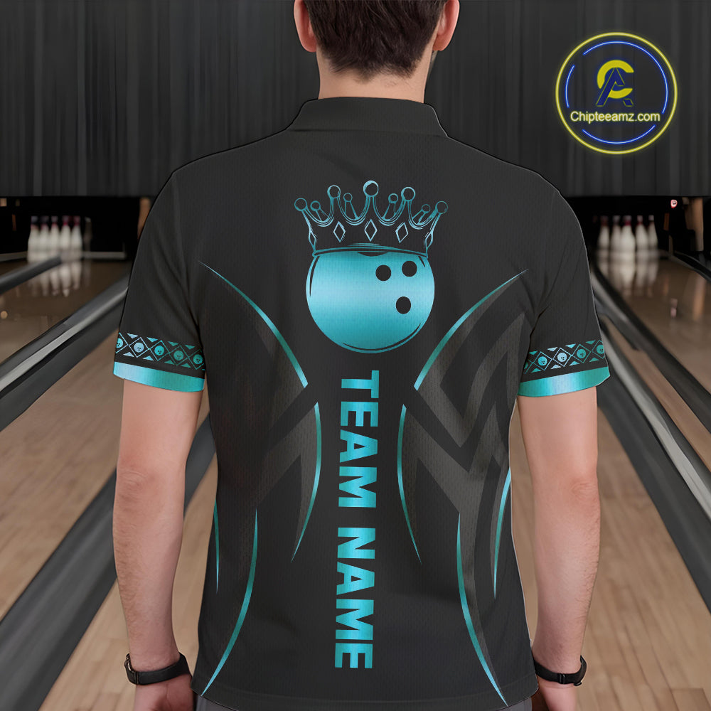 Black and Cyan Blue crown Bowling ball Polo, Quarter Zip Shirts for Men Custom Bowling Team jerseys NQS10075