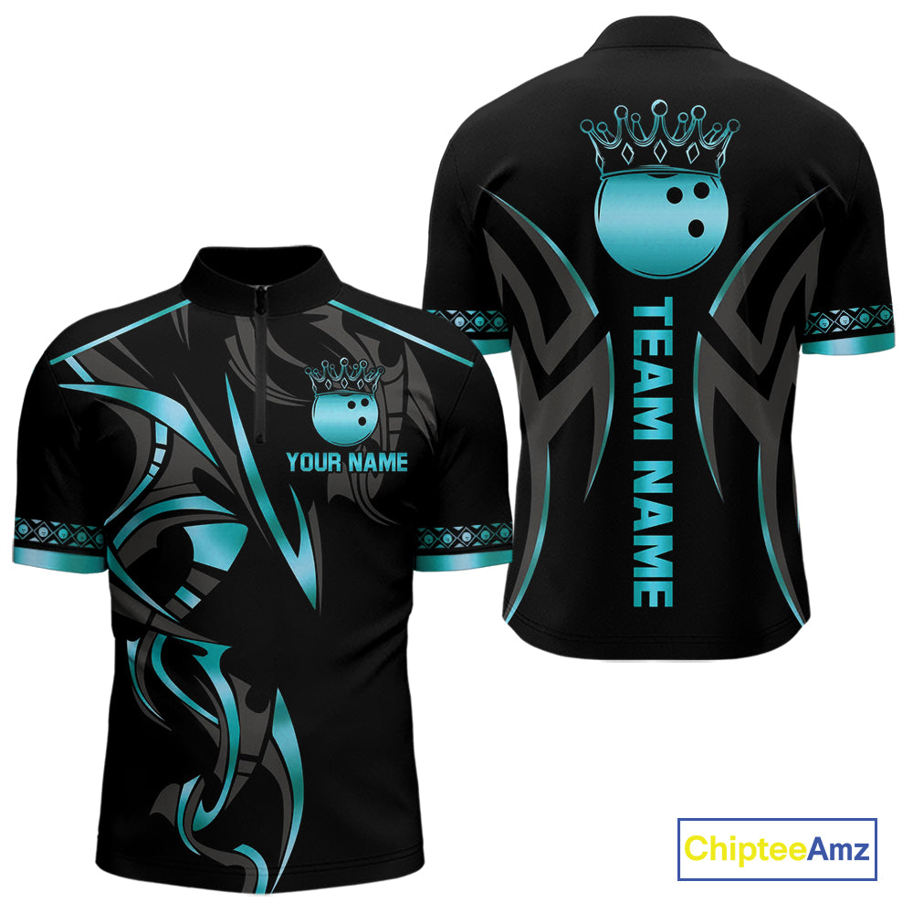 Black and Cyan Blue crown Bowling ball Polo, Quarter Zip Shirts for Men Custom Bowling Team jerseys NQS10075