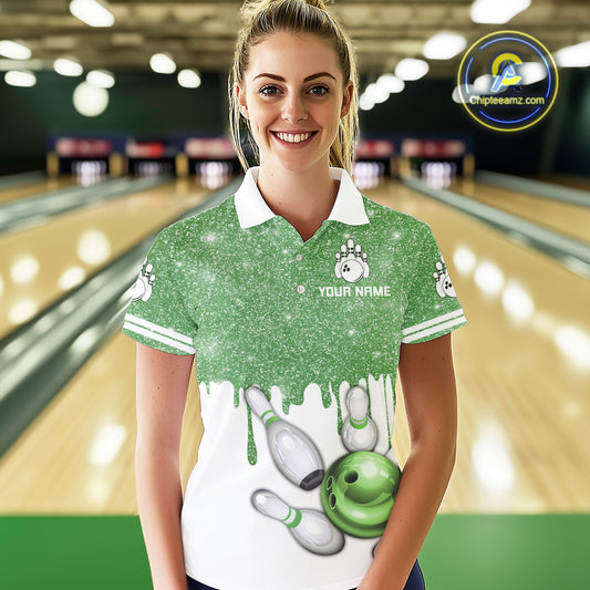 Green glitter Bowling Shirts For Women Custom team bowling jerseys, Personalized bowling uniform NQS10814