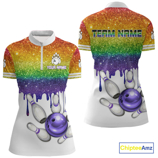 Rainbow glitter Bowling Shirts For Women Custom team bowling jerseys, Personalized bowling uniform NQS10815