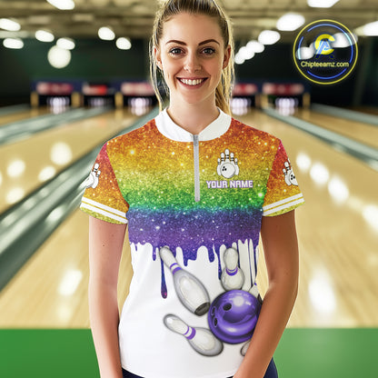 Rainbow glitter Bowling Shirts For Women Custom team bowling jerseys, Personalized bowling uniform NQS10815
