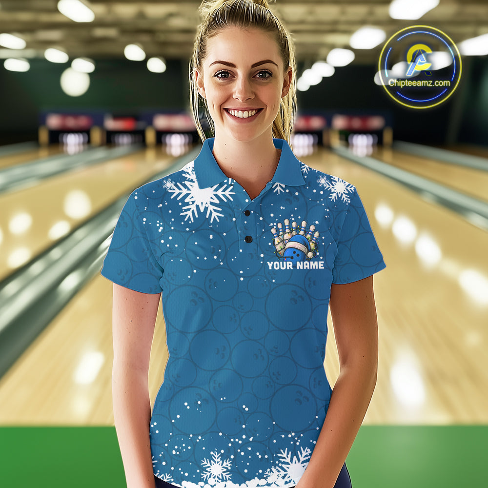 Blue Christmas Bowling snowflake Women's Bowling Polo, Quarter Zip shirts Custom Xmas Bowling Outfits NQS10995