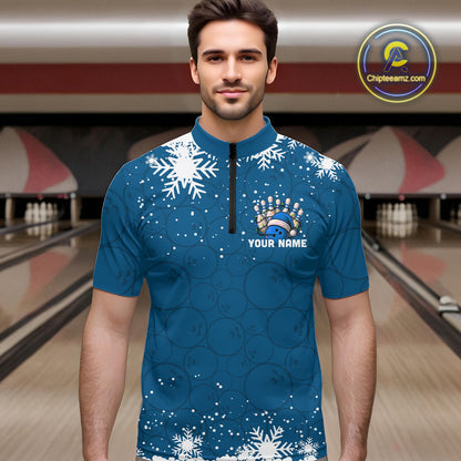 Blue Christmas Bowling snowflake Men's Bowling Polo, Quarter Zip shirts Custom Xmas Bowling Outfits NQS10995