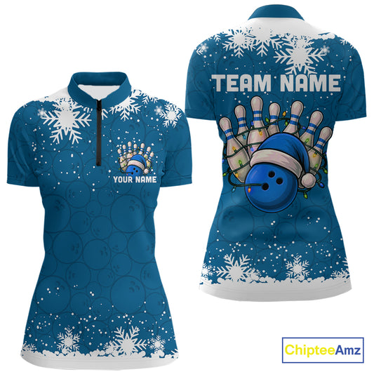 Blue Christmas Bowling snowflake Women's Bowling Polo, Quarter Zip shirts Custom Xmas Bowling Outfits NQS10995