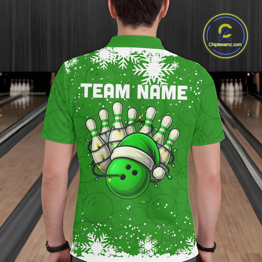 Green Christmas Bowling snowflake Men's Bowling Polo, Quarter Zip shirts Custom Xmas Bowling Outfits NQS10996