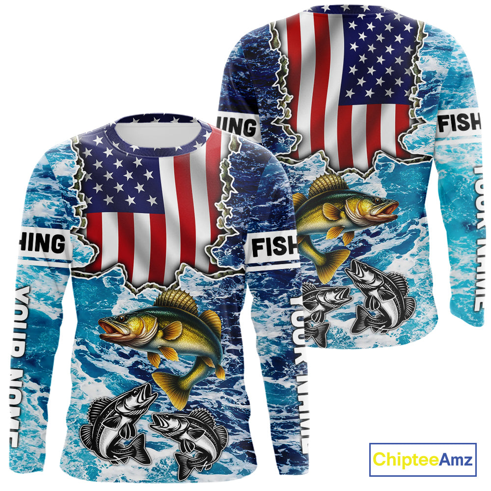 American Flag Walleye Fishing blue sea camo custom patriotic long sleeves performance fishing shirts NQS11191