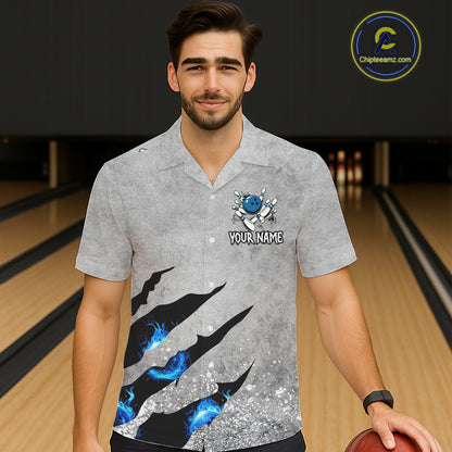 Blue flame bowling ball jerseys Gray grunge custom bowling hawaiian shirts, bowling league shirts NQS11396