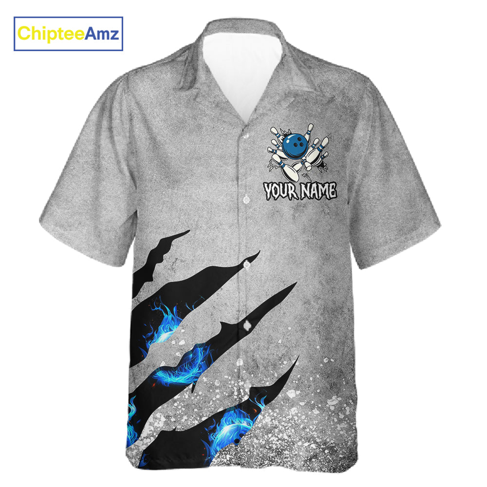 Blue flame bowling ball jerseys Gray grunge custom bowling hawaiian shirts, bowling league shirts NQS11396