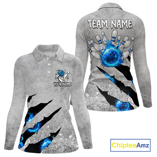 Blue flame bowling ball jerseys Gray grunge custom bowling shirts women, bowling league shirts NQS11396