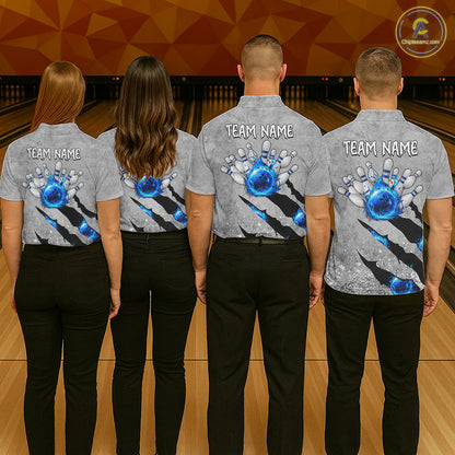 Blue flame bowling ball jerseys Gray grunge custom bowling shirts for men, bowling league shirts NQS11396