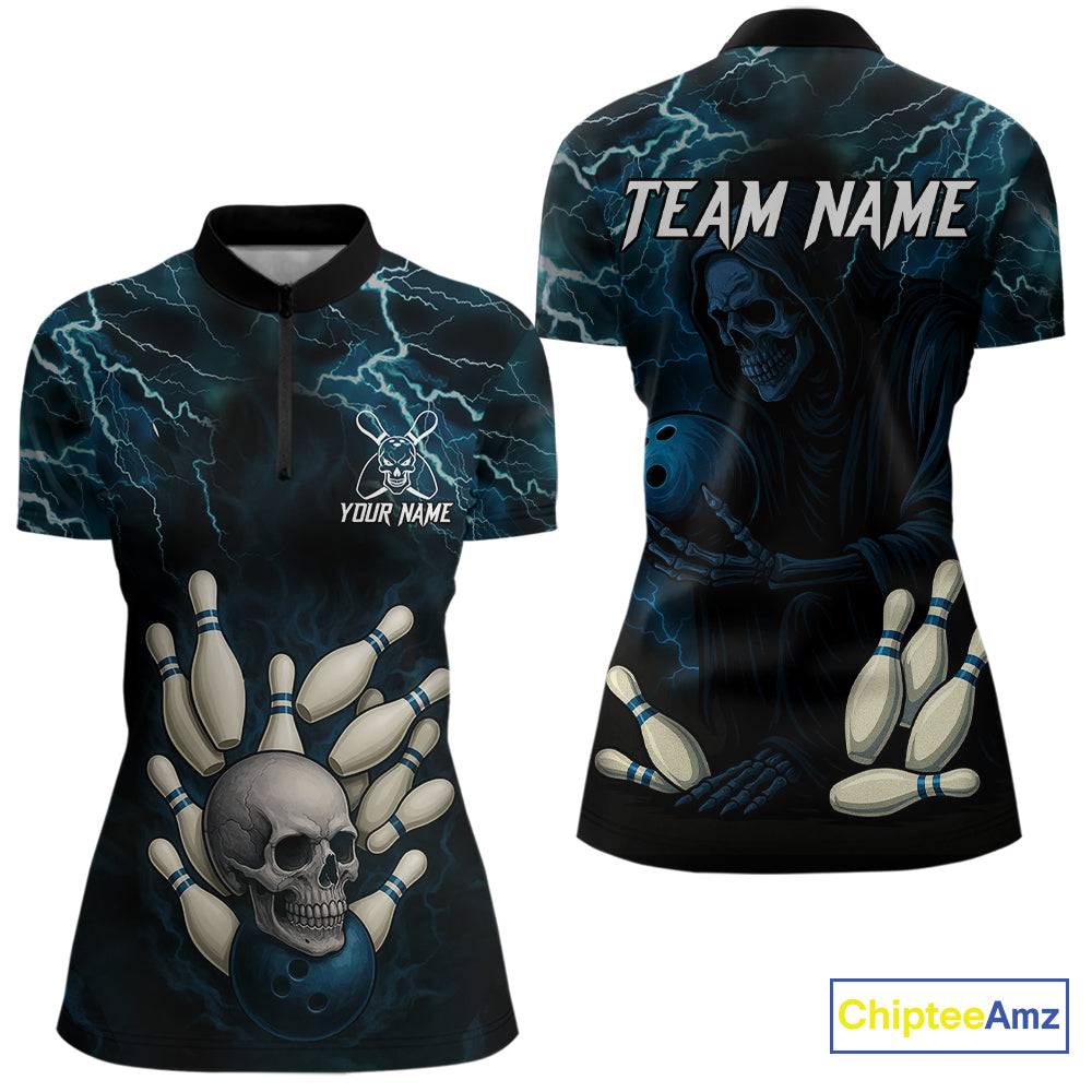 Blue Thunder Lightning Skull Reaper Bowling Polo, 1/4 Zip Shirts For Women Custom team bowling jerseys NQS9849