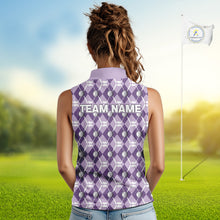 Load image into Gallery viewer, Women sleeveless polo shirt custom purple argyle plaid pattern golf attire for ladies, golfer gifts NQS10078