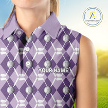 Load image into Gallery viewer, Women sleeveless polo shirt custom purple argyle plaid pattern golf attire for ladies, golfer gifts NQS10078