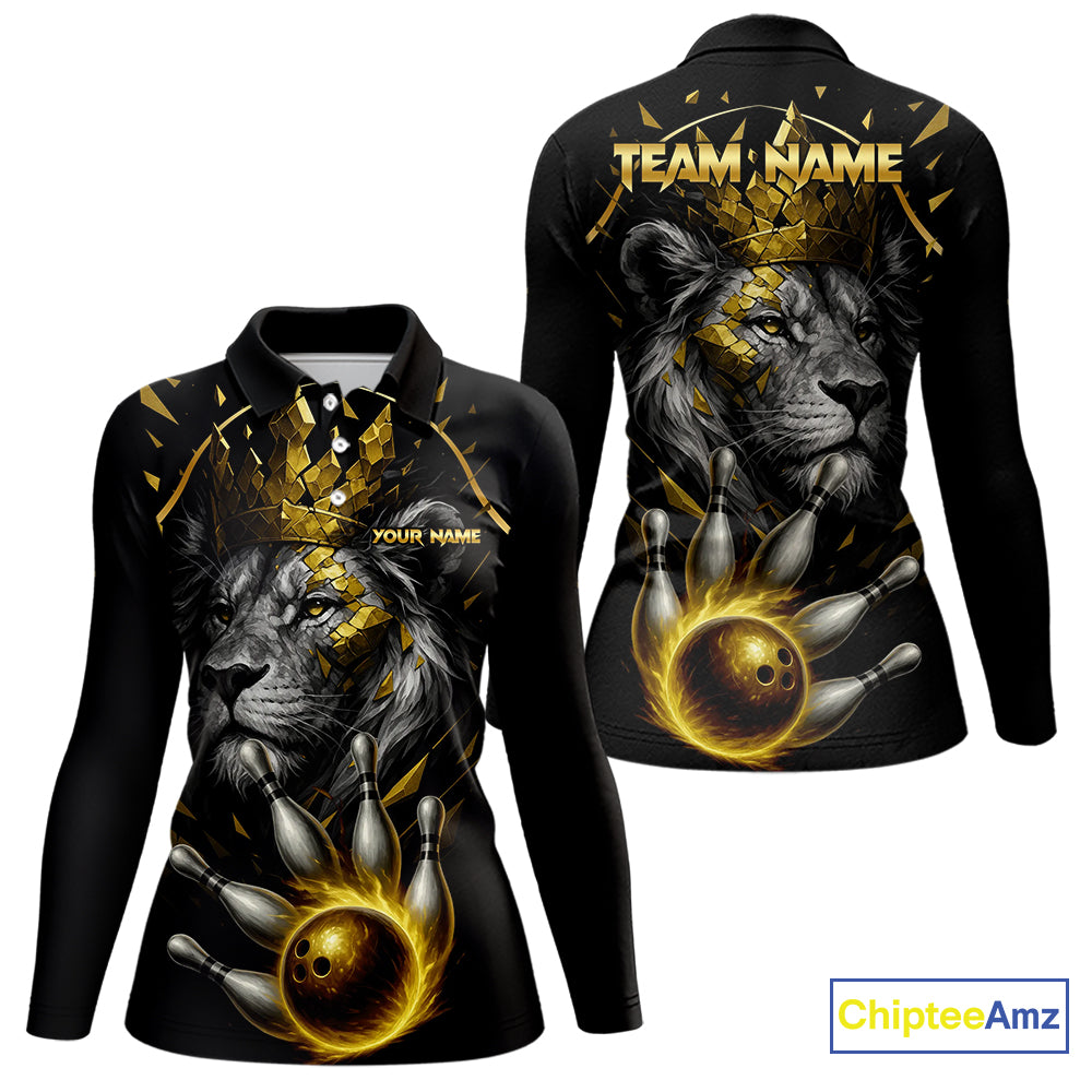 Custom Black and Gold Lion Bowling Polo, Quarter Zip shirts for Women, Lion Team Bowling Jerseys NQS10231