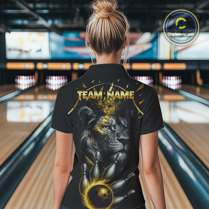 Custom Black and Gold Lion Bowling Polo, Quarter Zip shirts for Women, Lion Team Bowling Jerseys NQS10231
