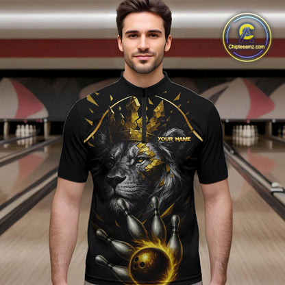 Custom Black and Gold Lion Bowling Polo, Quarter Zip shirts for Men, Lion Team Bowling Jerseys NQS10231