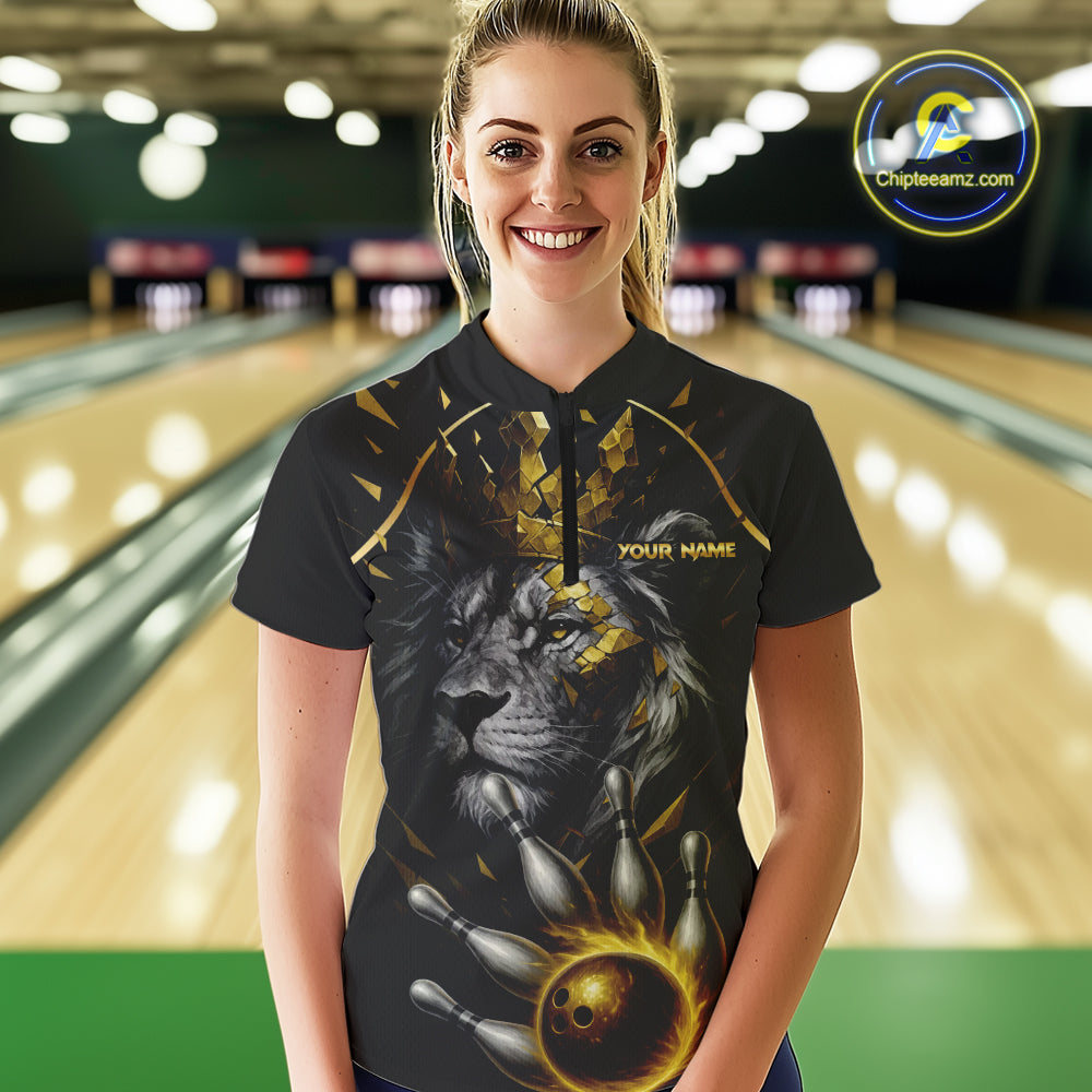 Custom Black and Gold Lion Bowling Polo, Quarter Zip shirts for Women, Lion Team Bowling Jerseys NQS10231