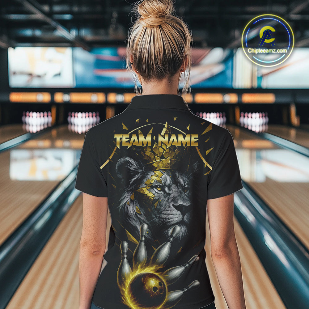 Custom Black and Gold Lion Bowling Polo, Quarter Zip shirts for Women, Lion Team Bowling Jerseys NQS10231