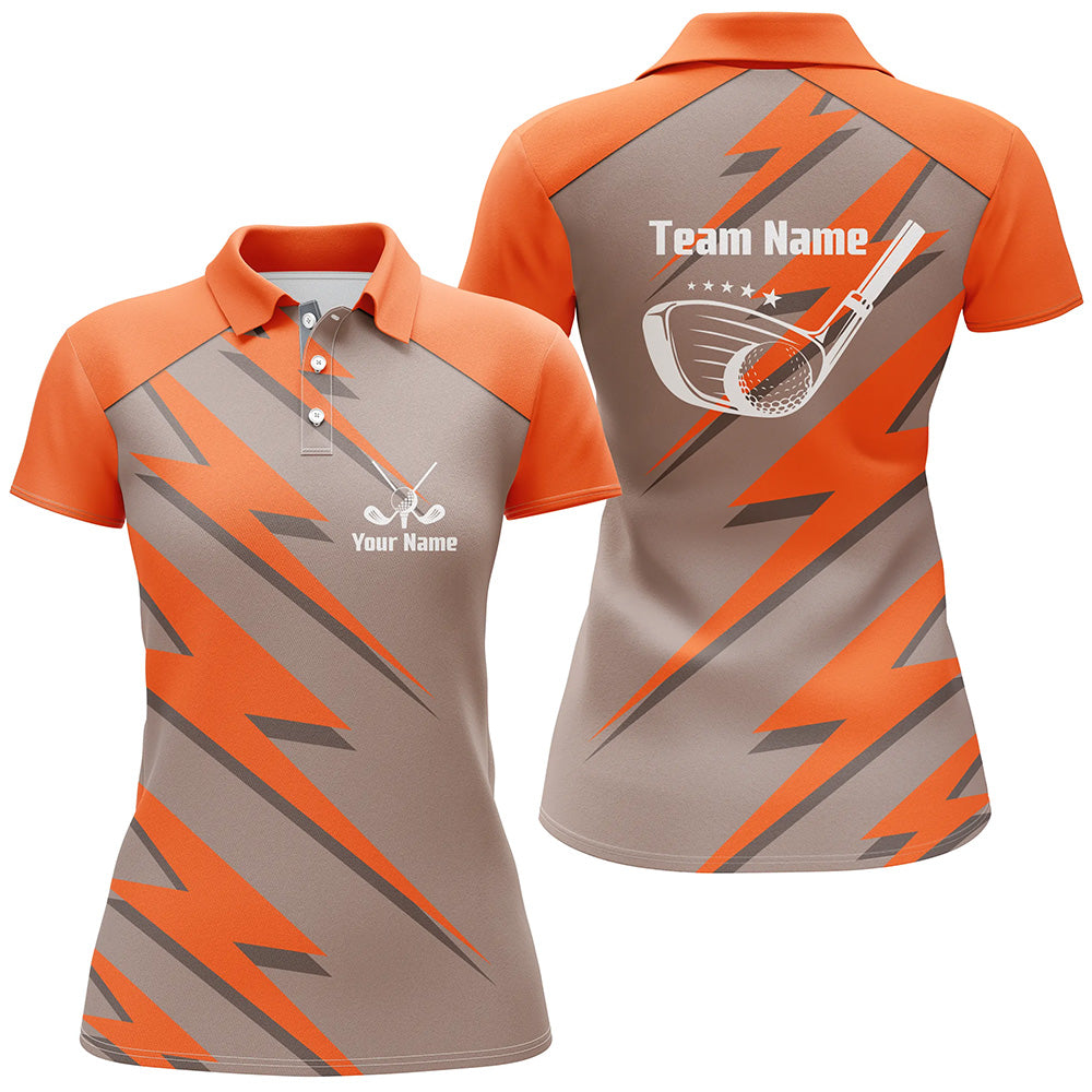 Personalized womens golf polo shirts orange lightning custom name & team name golf shirt, golfing gift NQS6090