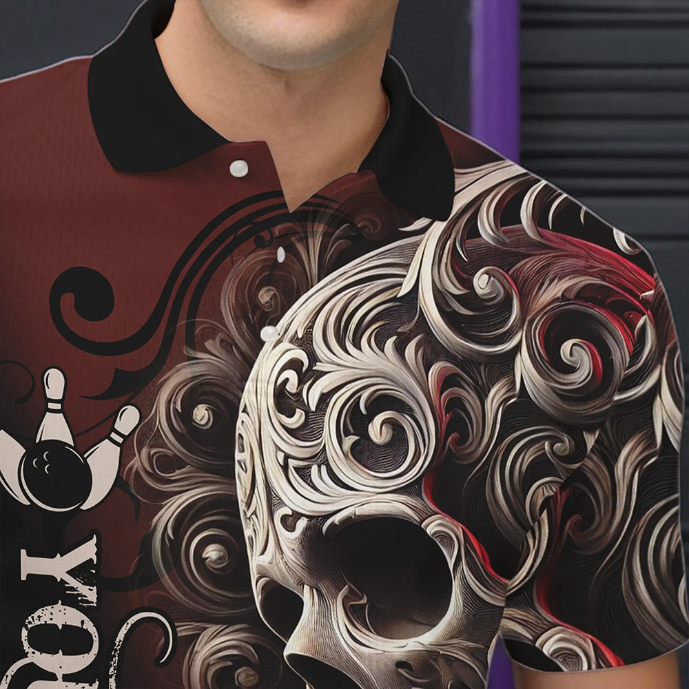 Red and Black Skull Scroll Men Bowling Polo, Quarter Zip Shirts Custom Skull Team bowling Jersey NQS9331