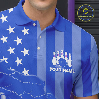 Personalized Blue American flag Lightning thunder Custom Bowling Team Shirts For Mens Bowling Jersey NQS9857