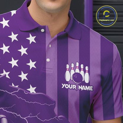 Personalized Purple American flag Lightning thunder Custom Bowling Team Shirts For Mens Bowling Jersey NQS9858