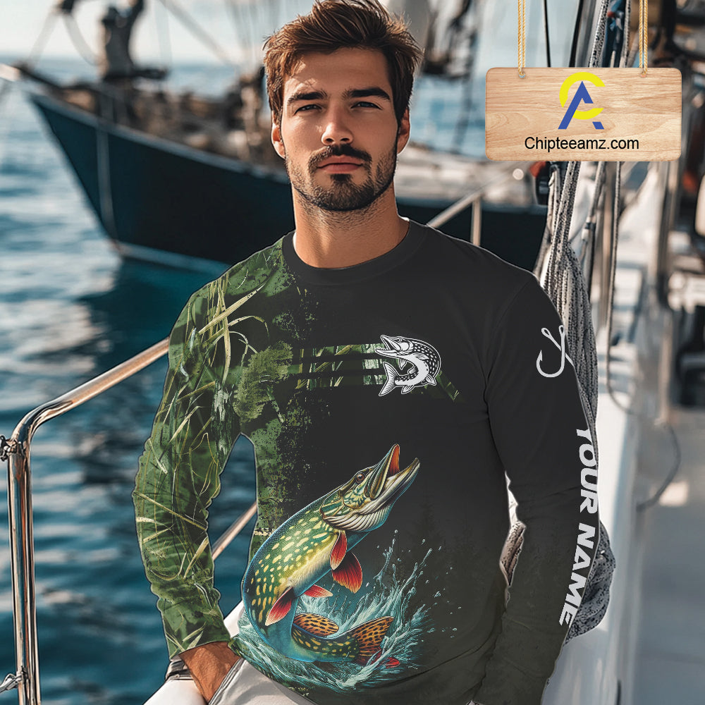 Northern Pike fishing camouflage Custom performance long sleeve Fishing Shirts, Pike Fishing jerseys NQS10082