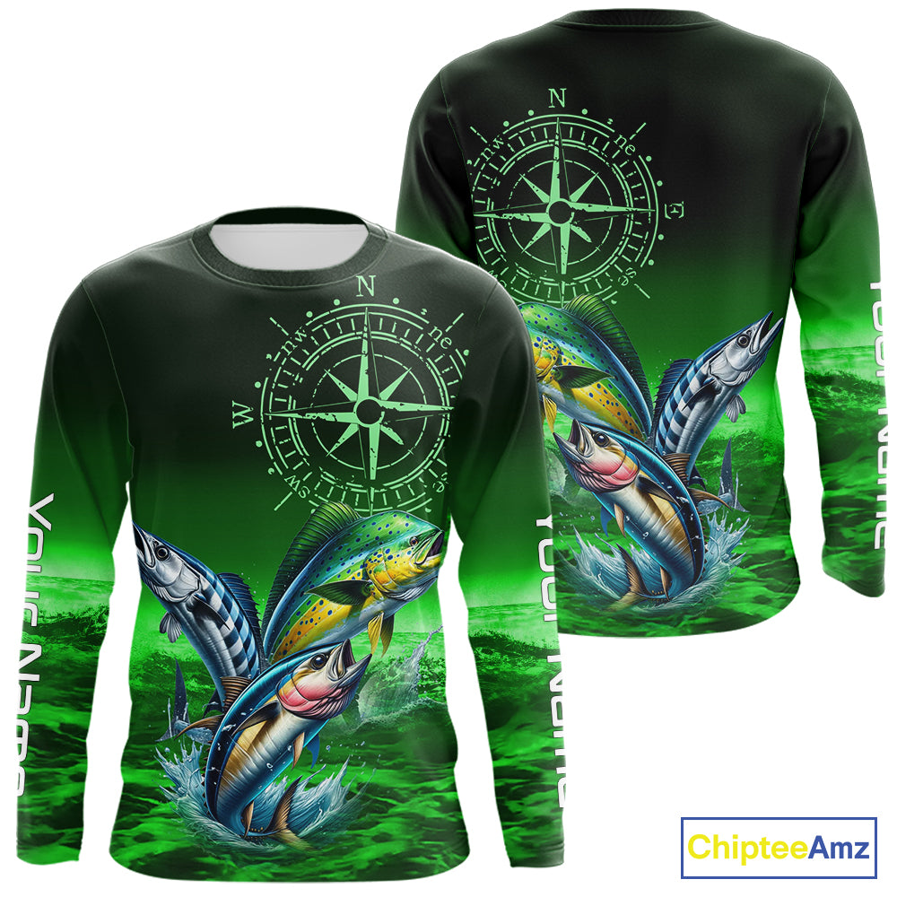 Personalized Mahi Mahi, Wahoo, Tuna Green Performance Fishing Shirt,compass offshore tournament Shirt NQS10234