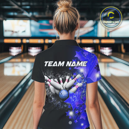 Women's bowling Polo, Quarter Zip shirts Custom Blue Stars Bowling Team Bowlers Jersey NQS10598