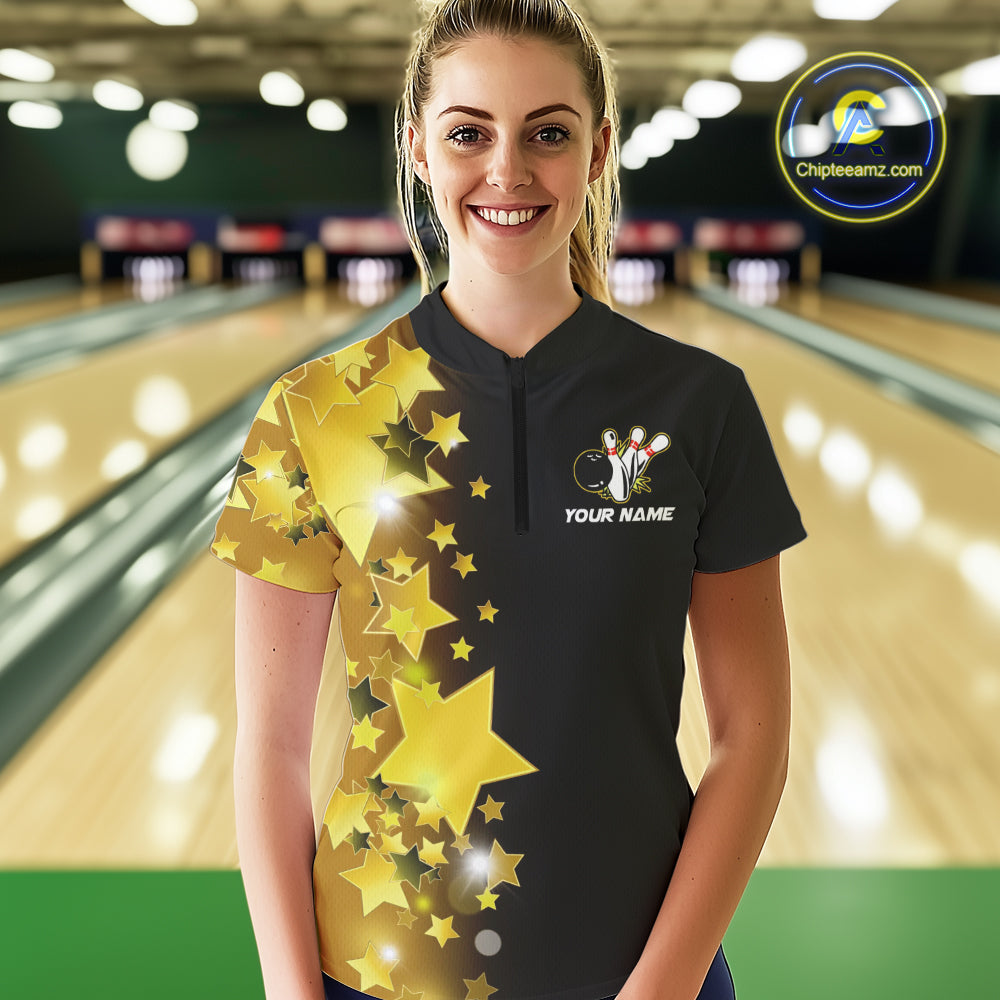 Women's bowling Polo, Quarter Zip shirts Custom Gold Stars Bowling Team Bowlers Jersey NQS10599