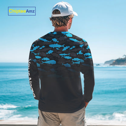 Fishing black and blue camouflage UV long sleeve hooded camo fishing shirts Custom fishing apparel NQS10600