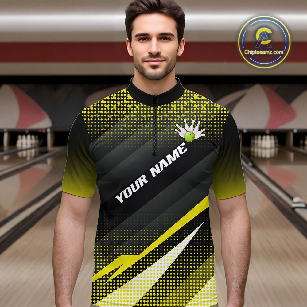Yellow Bowling Custom Men Bowling Polo, Quarter zip Shirts Bowling Team Jerseys Bowling Tournament NQS10605