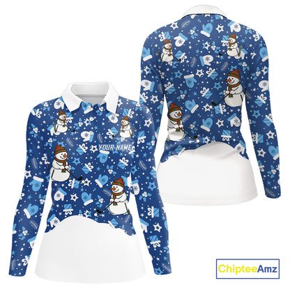 Blue and White Snowman Christmas pattern Golf Polo shirt For women Custom ladies Christmas golf shirt NQS11004