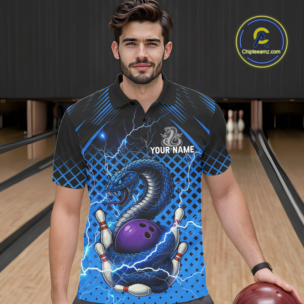 Black and Blue Lightning Thunder Cobra Snake Bowling Shirts For Men Custom Bowling Team League Jersey NQS11006