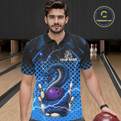 Black and Blue Lightning Thunder Cobra Snake Bowling Shirts For Men Custom Bowling Team League Jersey NQS11006