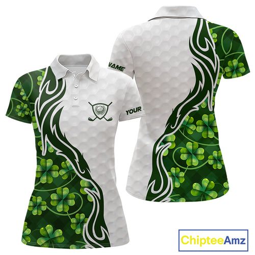 Custom White and Green shamrock pattern Women Golf Polo Shirts, St Patrick's day team ladies golf top NQS11208