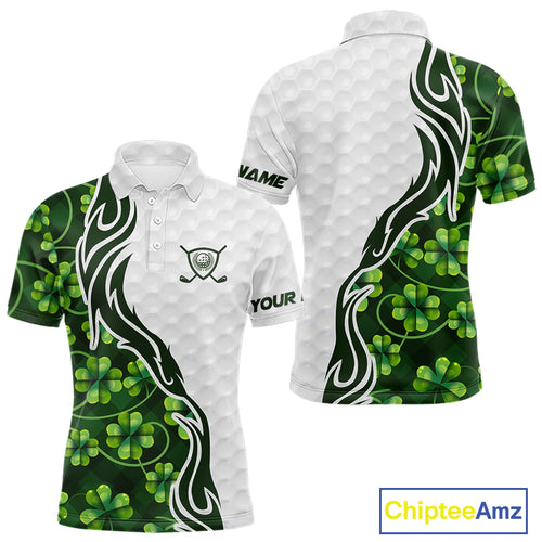 Custom White and Green shamrock pattern Golf Polo Shirts For Men, St Patrick's day team mens golf top NQS11208