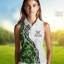 Load image into Gallery viewer, Custom White and Green shamrock pattern Sleeveless Golf Polo Shirts, St Patrick&#39;s day ladies golf top NQS11208
