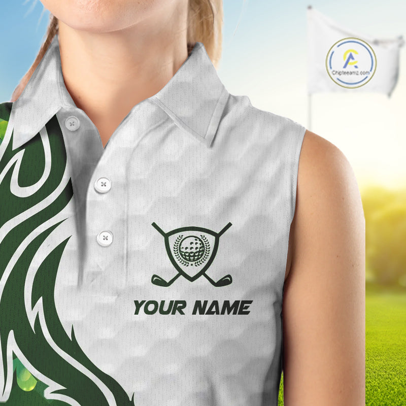 Custom White and Green shamrock pattern Sleeveless Golf Polo Shirts, St Patrick's day ladies golf top NQS11208