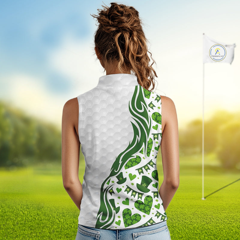 Custom White and Green St Patrick's day pattern Sleeveless Golf Polo Shirts, team ladies golf outfit NQS11209