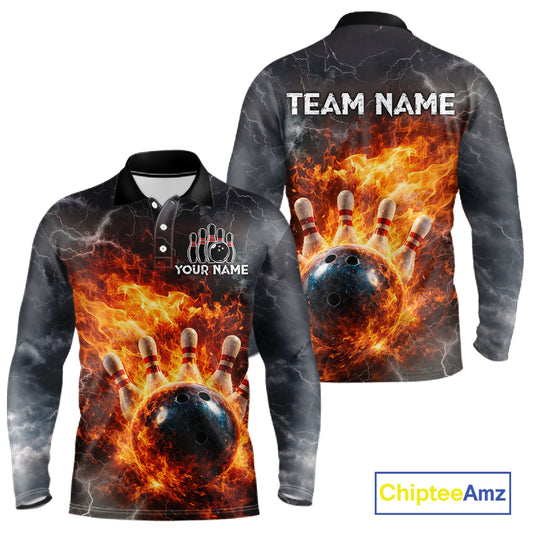 Custom Orange Flame Lightning Thunder Bowling shirts for Men, bowling team jerseys gift for bowlers NQS11618