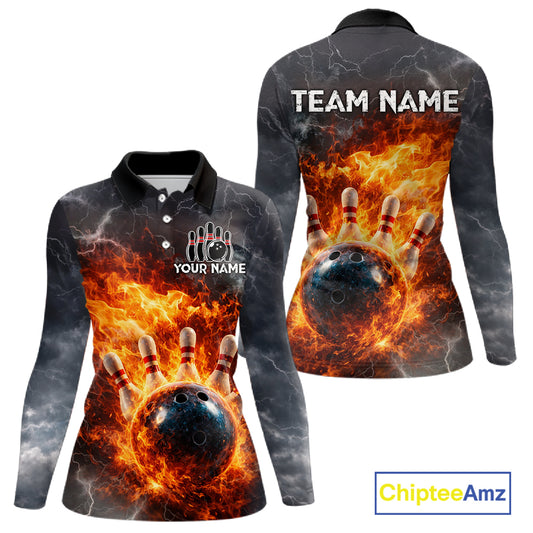 Custom Orange Flame Lightning Thunder Bowling shirts for Women, bowling team jerseys gift for bowlers NQS11618