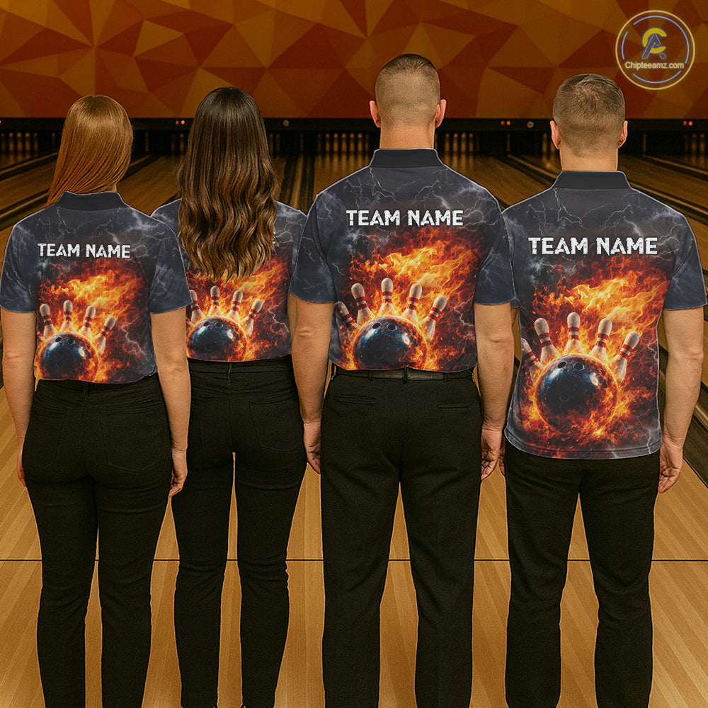 Custom Orange Flame Lightning Thunder Bowling shirts for Men, bowling team jerseys gift for bowlers NQS11618