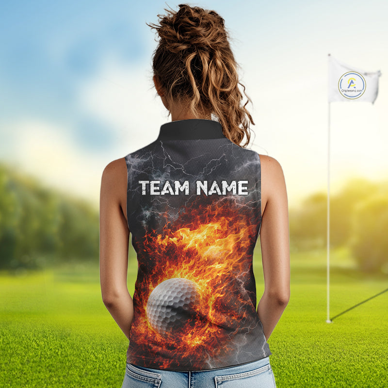 Custom Orange Flame Lightning Thunder Sleeveless Golf Polo Shirt, Golf attire For Ladies Golfing Gift NQS11619